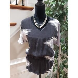 Cache Womens White & Black 100% Silk Short Sleeve V-Neck Top Blouse Size X-Small